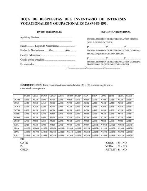 HOJA DE RESPUESTAS DEL INVENTARIO DE INTERESES VOCACIONALES Y