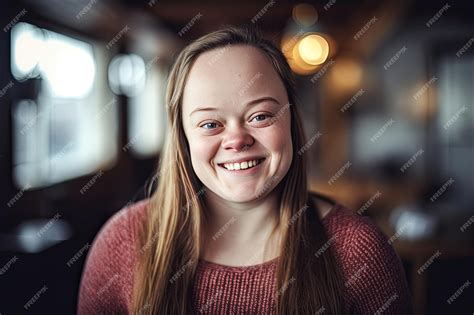 Premium Photo Down Syndrome Woman At Home With A Happy Face Standing