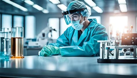 Lab Technician In Ppe Suit Sitting At Table In Medical Research