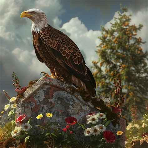 Premium Photo | Bald Eagle Perched on FlagDecorated Gravestone