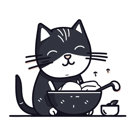 Cute Black Cat Eating Soup In A Bowl Vector Illustration 32913547