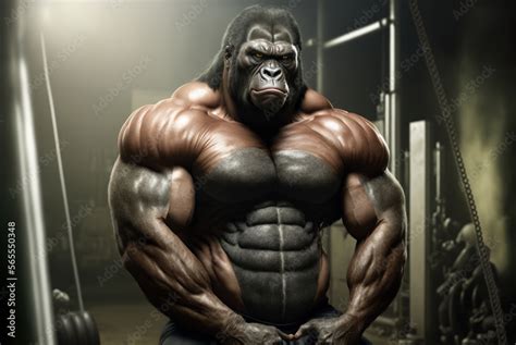 Portrait Of A Strong Male Gorilla In A Gym Bodybuilding Concept