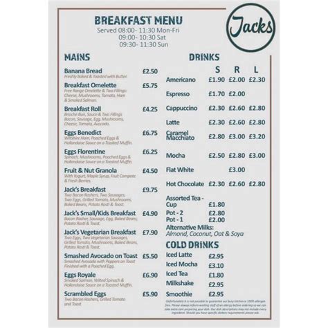 Menu At Jacks Pub And Bar Swindon