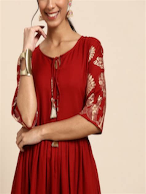 Buy Sangria Maroon Golden Ethnic Motifs Ethnic A Line Midi Dress