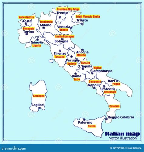 Mappa Dellitalia Con Le Regioni Italiane Vettore Illustrazione