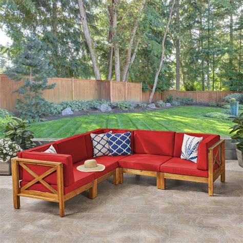 Brava 5pc Acacia Sectional Sofa Set - Teak/Red - Christopher Knight ...