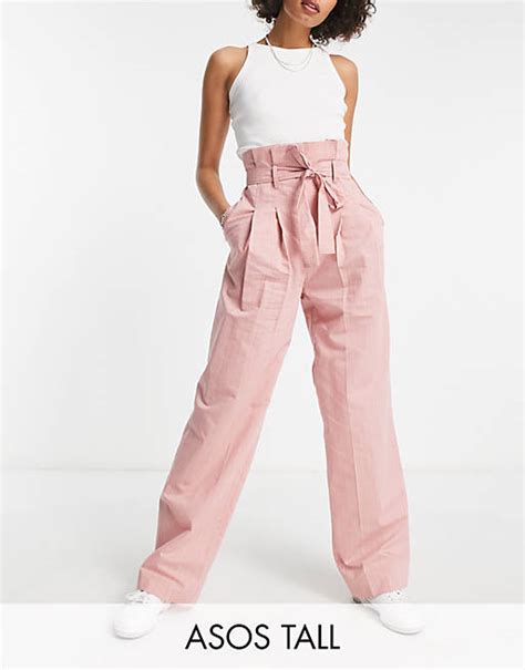 Asos Design Tall Gestreifte Hose In Rosa Mit Paperbag Taille Asos