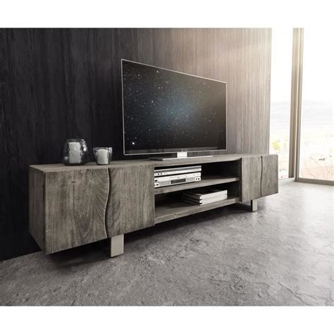 Meuble TV Live Edge Acacia Platine 200 Cm 4 Portes 2 Compartiments