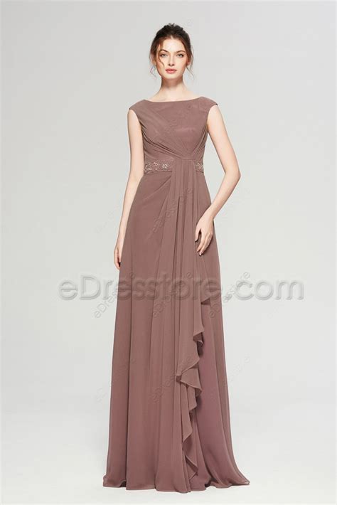 Modest Lds Beaded Cinnamon Rose Bridesmaid Dresses Edresstore