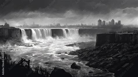 Niagara Falls Illustration In Black And White Pencil Sketch Made With