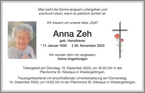 Traueranzeigen Von Anna Zeh Augsburger Allgemeine Zeitung