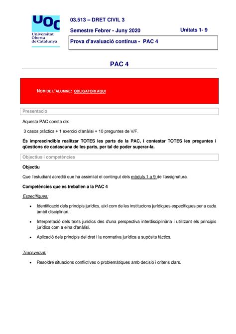 Sol PAC 4Civil III Derecho Civil III PAC 3 Catalan 03 DRET CIVIL