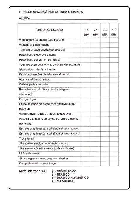 Fichas de Avaliação de Leitura e Escrita SÓ ESCOLA