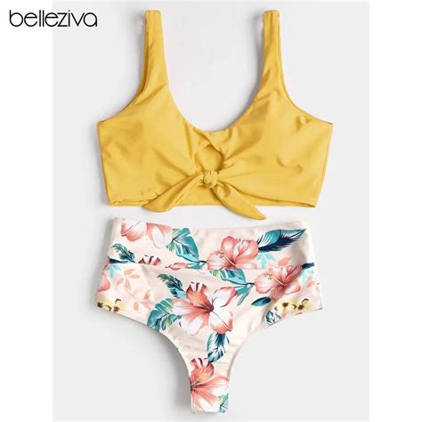 Belleziva Sexy High Waisted Bikini Set Women Knotted Swimsuit Floral