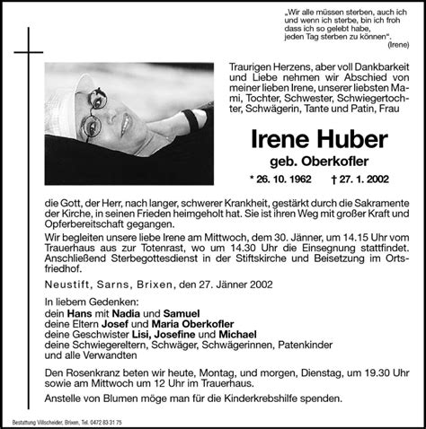 Traueranzeigen Von Irene Huber Trauer Bz