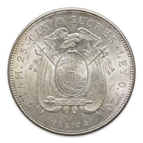 Ecuador 5 Sucres Silver 1943 1944 AU UNC Antonio Jose De Sucre Golden