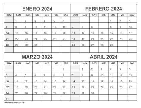 Calendario Enero Febrero Marzo Abril