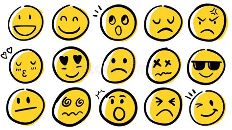 Doodle Emoticon Face Icon Set. Hand Drawn Sketch Emoji with Different ...