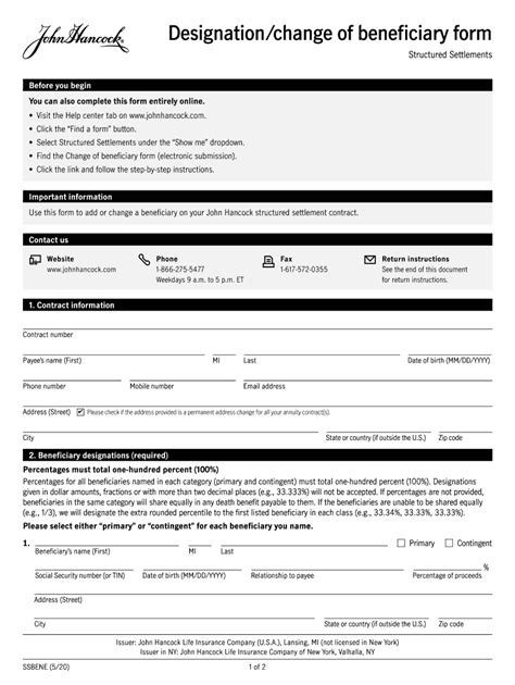 Fillable Online Designation Change Of Beneficiary Form John Hancock