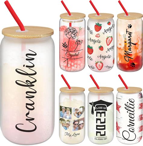 Vasos De Vidrio Personalizados Con Tapas Y Pajitas De Bamb Con Nombre