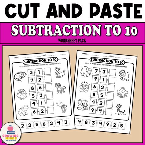 Cut And Paste Subtraction To 10 Worksheets Math Centers Printables