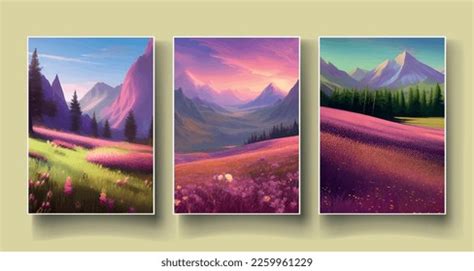 Spring Landscape Trees Mountains Fields Leaves Stock Vector Royalty