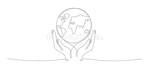 Human Hands Holding Earth Globe Continuous Line Art Drawing Stock