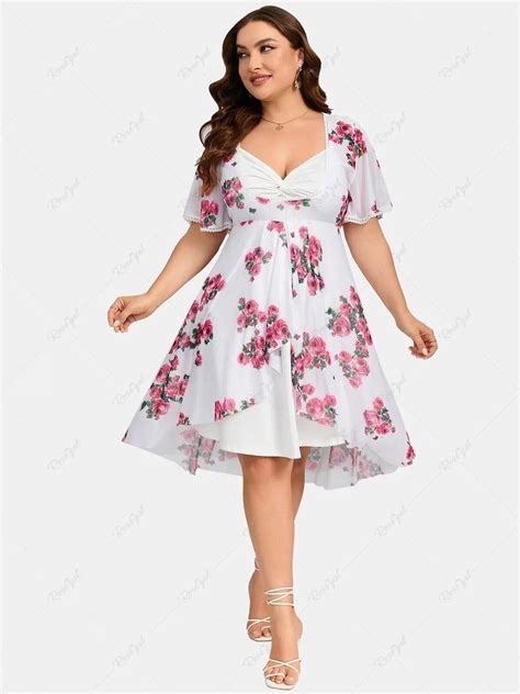 Kenancy Plus Size Twist Lace Trim Belt Layered Flower Print Dress