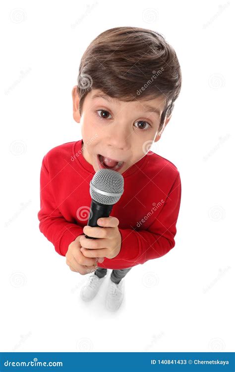 Cute Little Boy Singing Into Microphone Stock Image Image Of