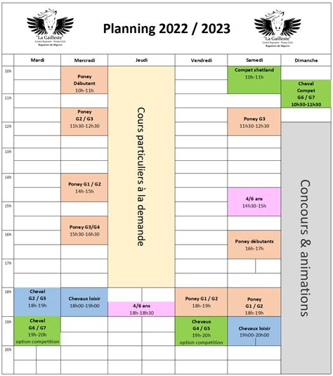 Planning cours Centre équestre de la Gailleste