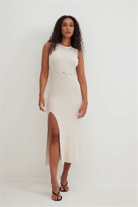 Rib Cut Out Midi Dress Beige Na