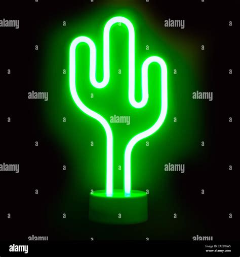Neon Green Cactus Led Lamp On Black Background Stock Photo Alamy