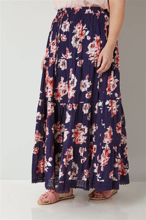 Navy And Pink Floral Print Tiered Maxi Skirt With Lace Trim Hem Plus Size 16 To 36