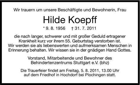 Traueranzeigen Von Hilde Koepff Stuttgart Gedenkt De