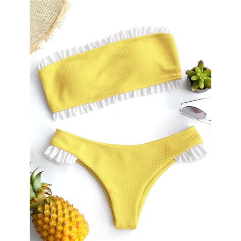 Zaful Frilled Textured Strapless Bandeau Bikini Swimwear Women
