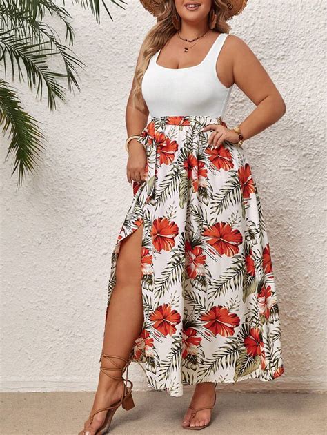 SHEIN VCAY Plus Size Color Combination Dress With High Slit SHEIN EUQS