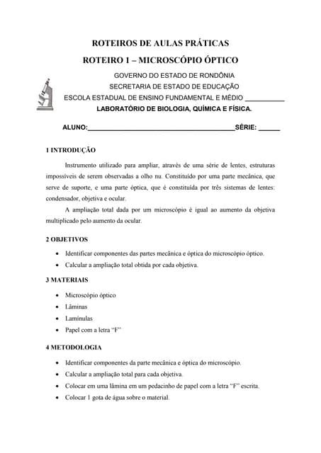 Roteiros De Aulas Práticas Roteiro 1 Microscópio óptico Pdf