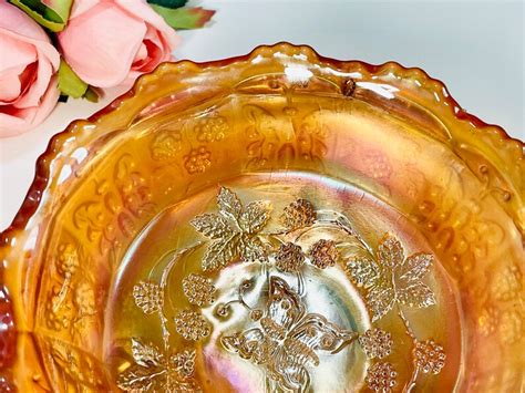 Fenton Marigold Bowl Carnival Glass Butterflies And Berry Design Small Footed Berry Bowl