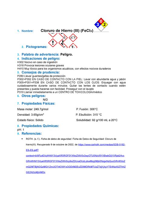 Hoja De Seguridad Del Cloruro De Hierro Lll Fe Cl Nombre