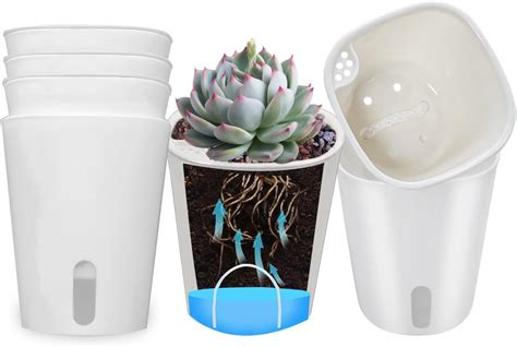 T U Pcs Bac Fleurs Auto Irrigation Plastique Rond Blanc Pot Avec