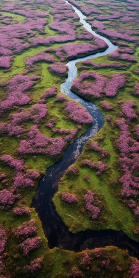 Tranquil Aerial View Of Scottish Landscapes Amidst Pink Flowers Stock