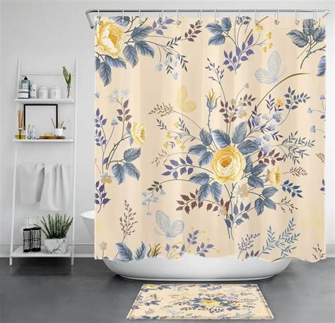 Inpercust Butterfly Blooms Shower Curtain Vibrant Blue Sunny Yellow