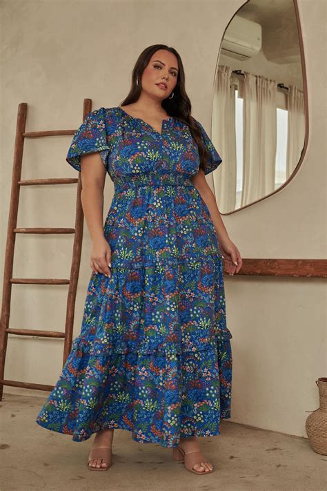 Sugarlips Ruya Floral Palmer Poplin Tiered Maxi Dress Curve In Blue Lyst