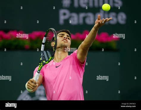 March 11 2023 Carlos Alcaraz Of Spain Serves Against Thanasi