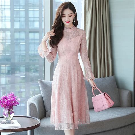 New Autumn Women Dress Full Sleeve Slim Lace Stand Neck In Long Big