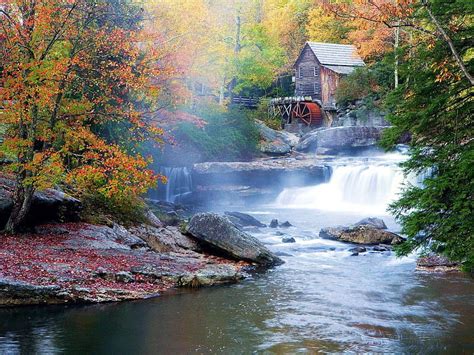 Glade Creek Grist Mill Forest Autumn Water Stones Cascade Hd