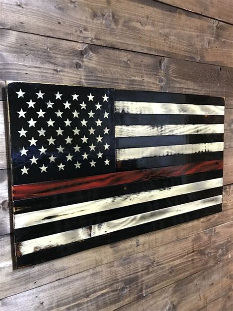 Wooden American Flag Rustic Woodenamerican Flag With Thin Red Line And