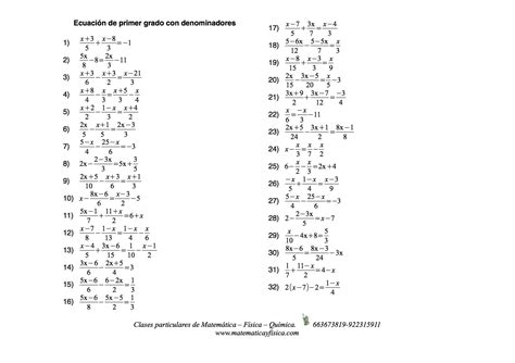 Ejercicios Propuestos De Ecuaciones De Primer Grado Con Denominadores