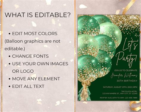 Printable Green Gold Glitter Balloons Birthday Party Etsy