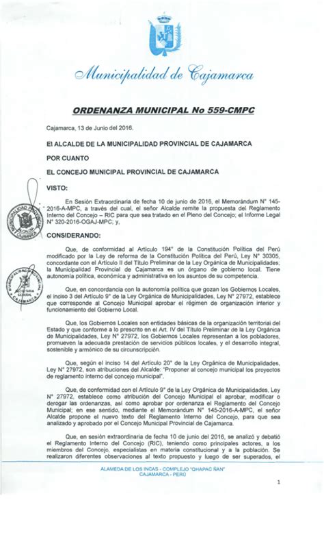 ORDENANZA MUNICIPAL No 559 CMPC